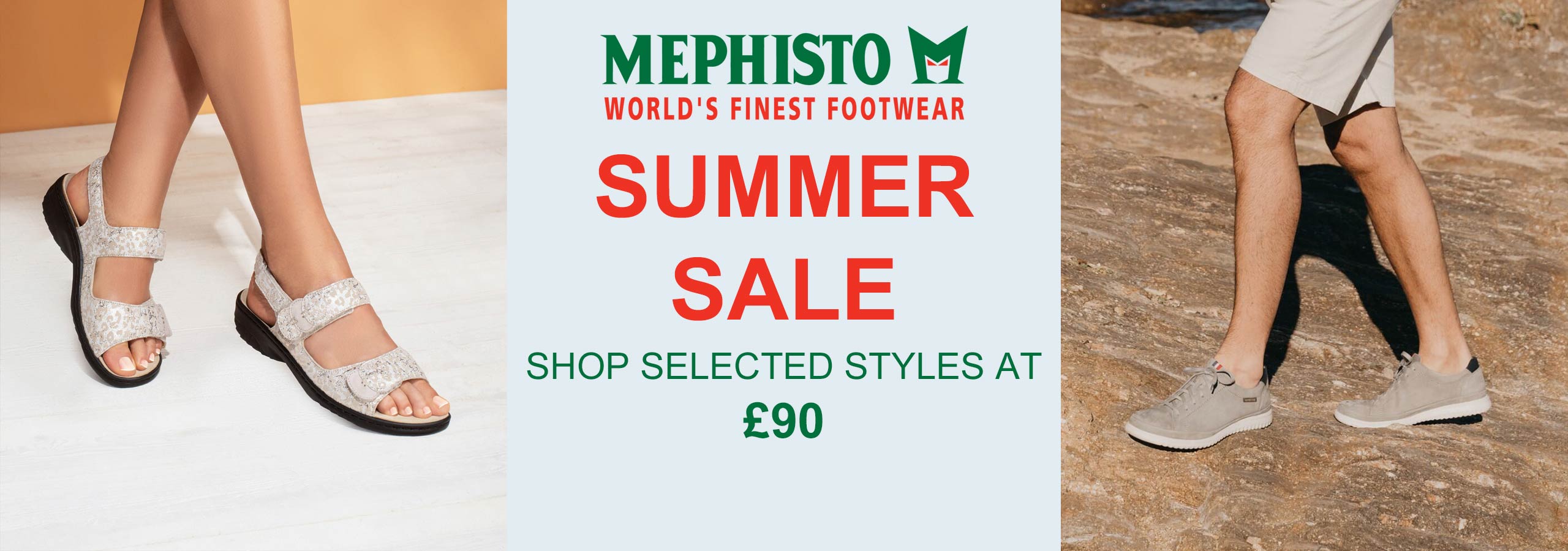 Mephisto summer sale advertisement with sandals and promotional text.