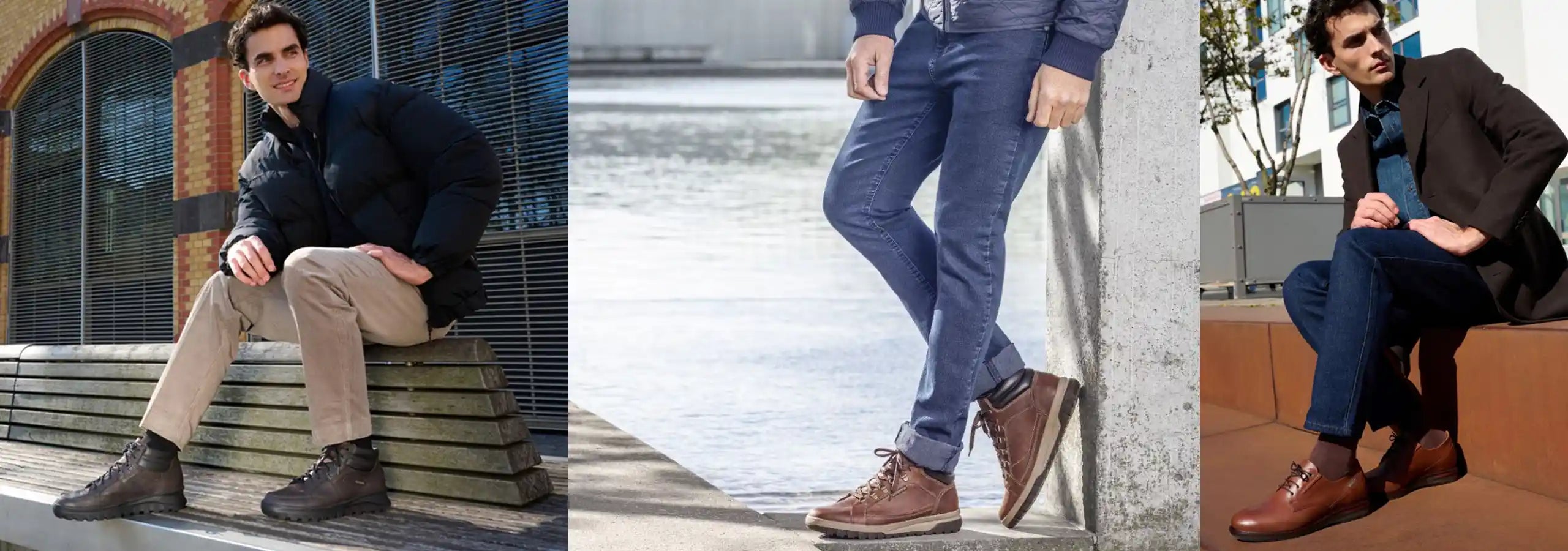 Three images of a person wearing different outfits with brown shoes in various settings.