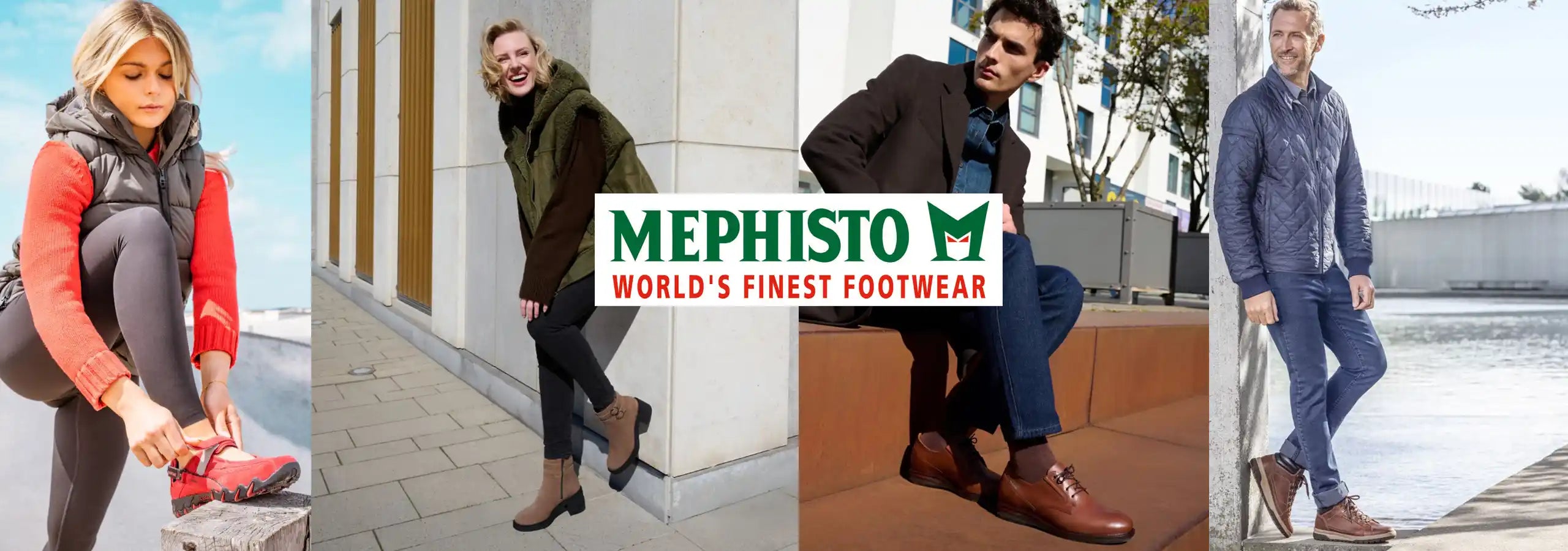 Mephisto world's finest footwear advertisement with people wearing shoes in various settings.