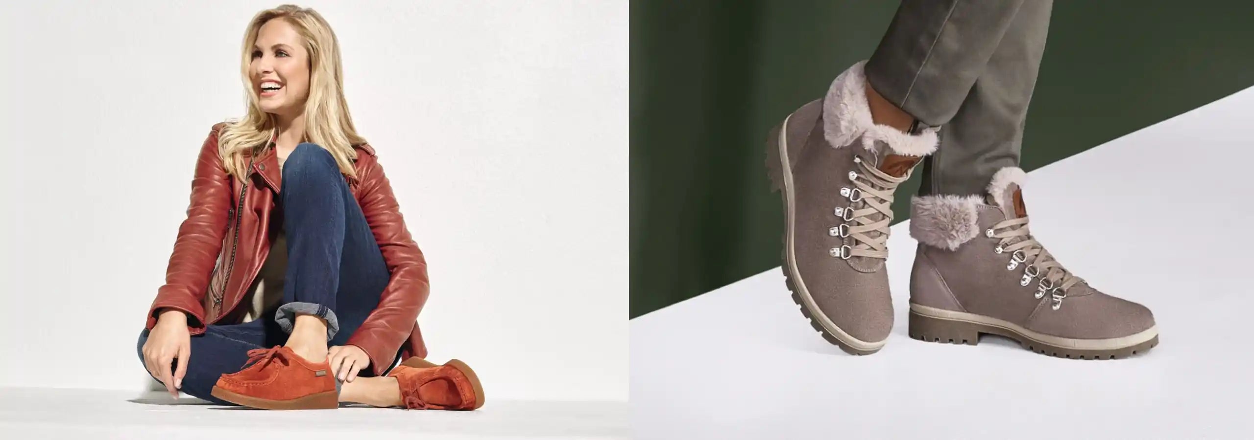 Woman wearing red boots sitting on a white background with a close-up of gray boots with fur lining on a white background.