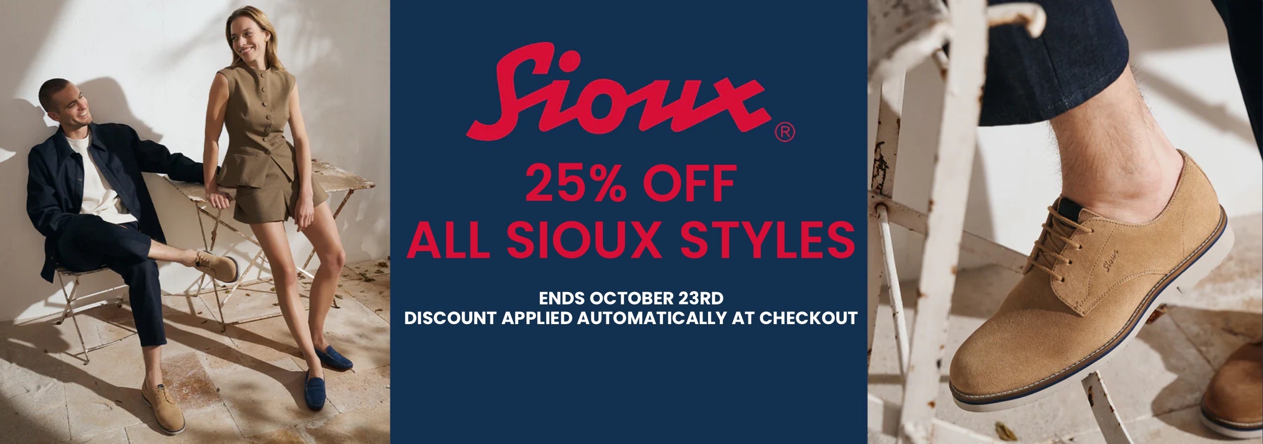 Promotional banner for 25 % off Sioux shoes until 23rd October featuring images of people wearing shoes.