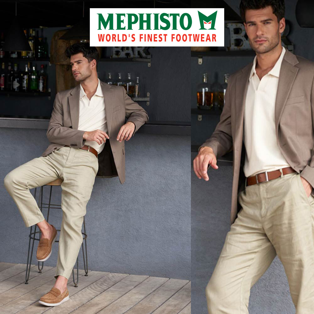 Mephisto - image of a man in beige suit and shoes with Mephisto logo in the corner