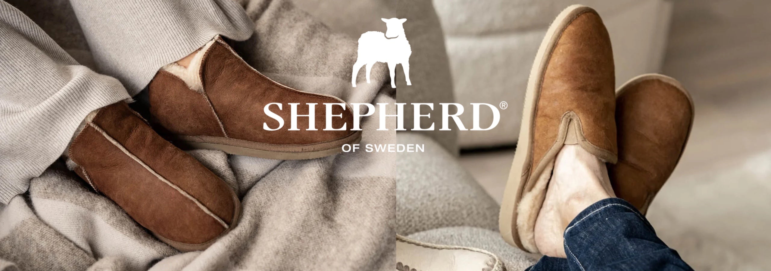 A person reclining on a sofa wearing brown suede Shepherd of Sweden slip-on slippers, with the Shepherd logo overlaid in the center.