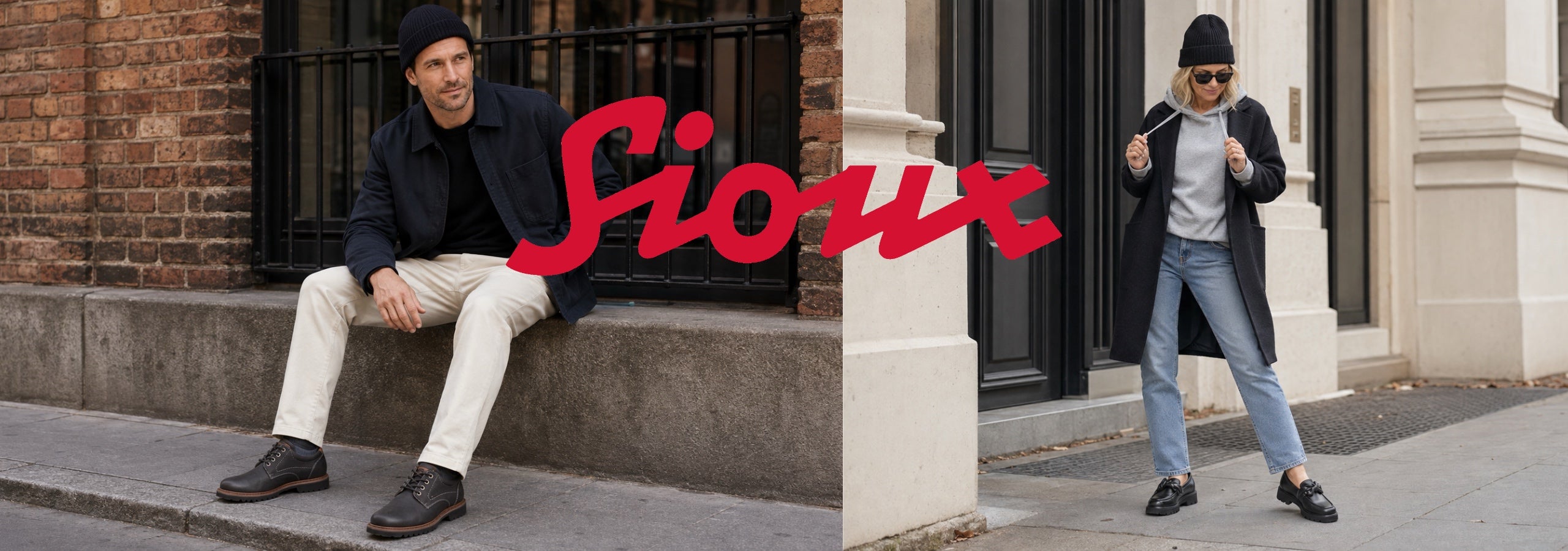 A split lifestyle image showing a man and a woman modeling matching dark jackets, black hats, and loafers in an urban setting. A large red 'Siuks' logo is overlaid across the center.