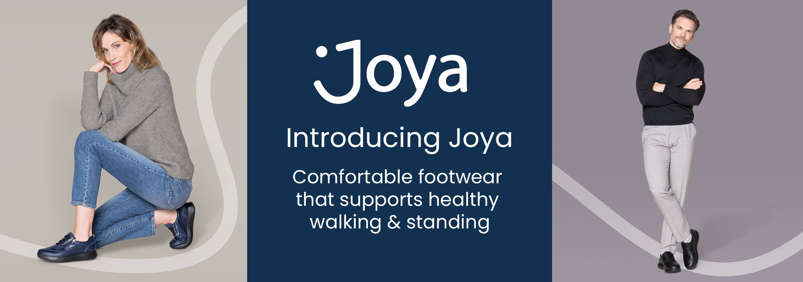 Banner showing an image of a man and woman wearing Joya shoes, alongside the Joya logo and text that says "Introducing Joya, Comfortable Footwear that Supports Healthy Walking & Standing"