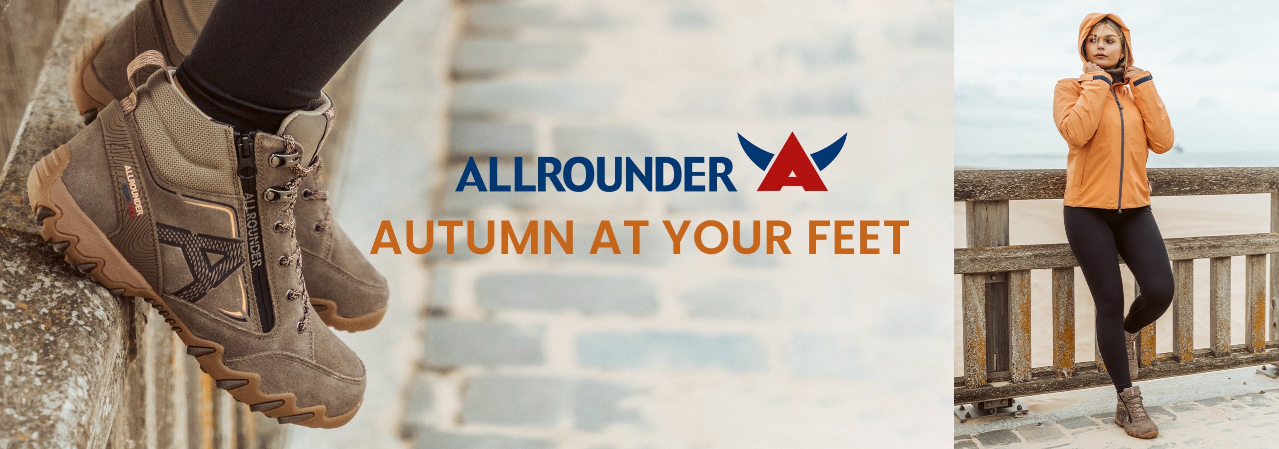 Image of woman wearing Allrounder walking boots with the Allrounder Logo, and text saying 'Autumn at your feet'