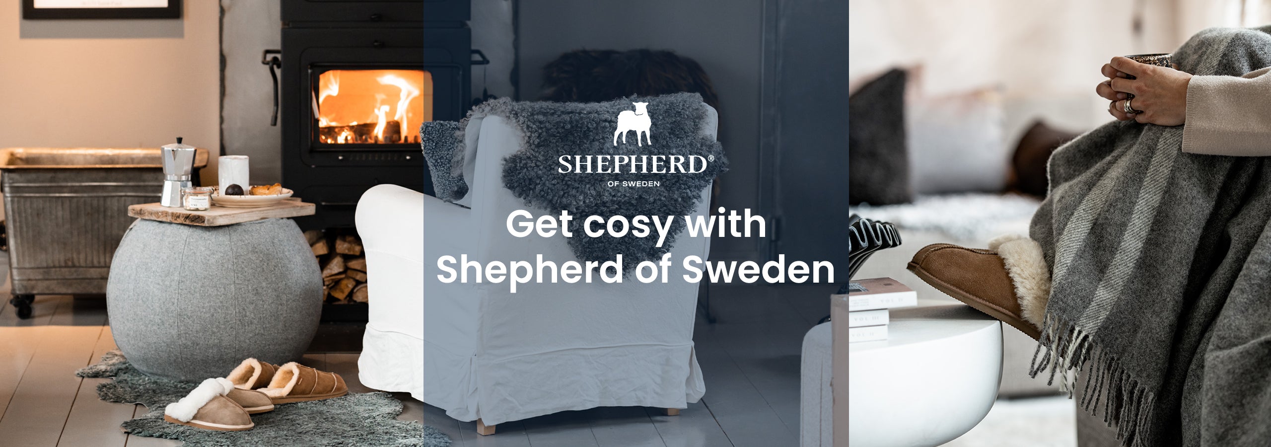 Images of Sheepskin slippers in a living room, with the Shepherd of Sweden logo and text reading "get cosy with Shepherd of Sweden"