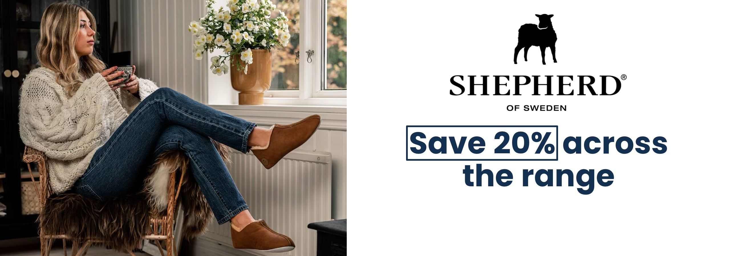 Woman sitting on a chair with a coffee cup, next to a promotional banner for Shepherd of Sweden offering 20% off across the range.