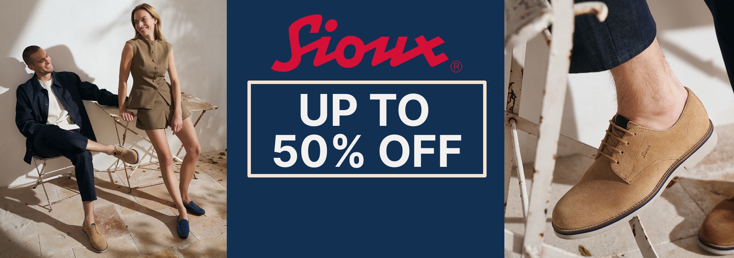 Promotional banner for Sioux featuring a central navy blue panel with red 'Sioux' branding and white text reading 'UP TO 50% OFF', flanked by lifestyle photos of a couple sitting on chairs and a close-up of a person wearing tan suede shoes.